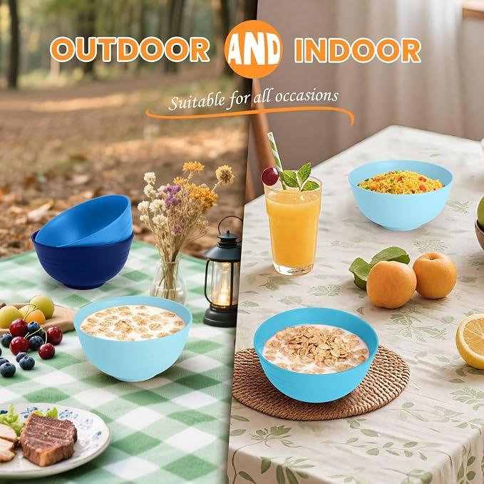 Wheat Straw Bowls, 8 PCS Microwave Safe Bowl Unbreakable for Salad, Soup, Cereal, Oatmeal, Reusable Plastic Bowls for Kithen, Family, Camping, Party, Dishwasher Safe, 26 OZ (Gradient Blue)