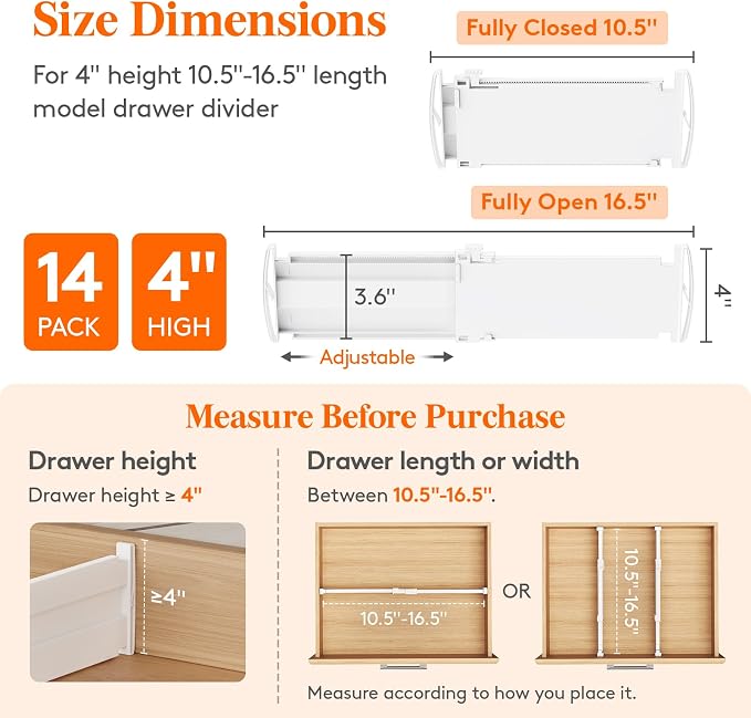 Lifewit 14 Pack 4" High Drawer Divider, Adjustable Drawer Organizer Clothes | 10.5"-16.5" Expandable White Plastic Separators for Dresser, Kitchen, Cabinet, Nursery, Office, Socks & Underwear Storage