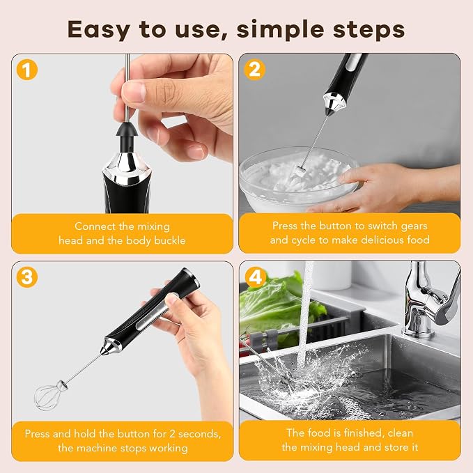 Milk Frother Handheld Rechargeable with Stand 3 Speed Frother Wand | Adjustable Foam Maker Hand Mixer with Detachable Stainless 2 Whisks Electric Coffee Frother Stirrer For Latte, Egg