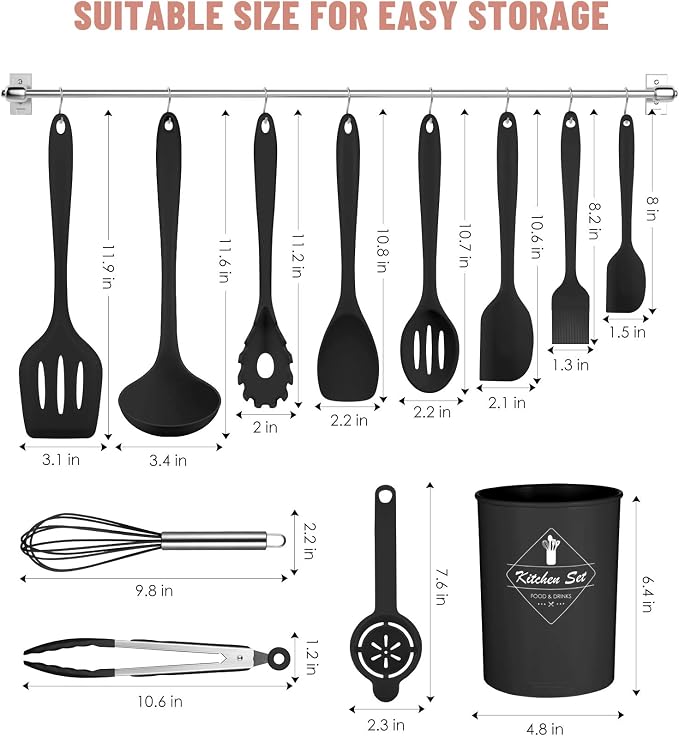 Black Kitchen Utensils Set-12 Pieces Silicone Cooking Utensils Set | Dishwasher Safe 392°F Heat Resistant Spatula Set Kitchen Utensil Set for Nonstick Cookware,Best Kitchen Tools with Holder