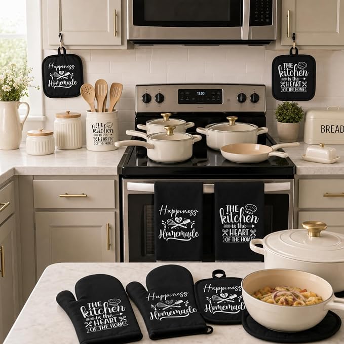 Sratte 6 Pcs Kitchen Decor Accessories Set, Kitchen, Black | Farmhouse Kitchen Towels Pot Holders Oven Mitts Set 2 Dish Towels 2 Potholders 2 Cooking Mittens for Baking Cooking Supply