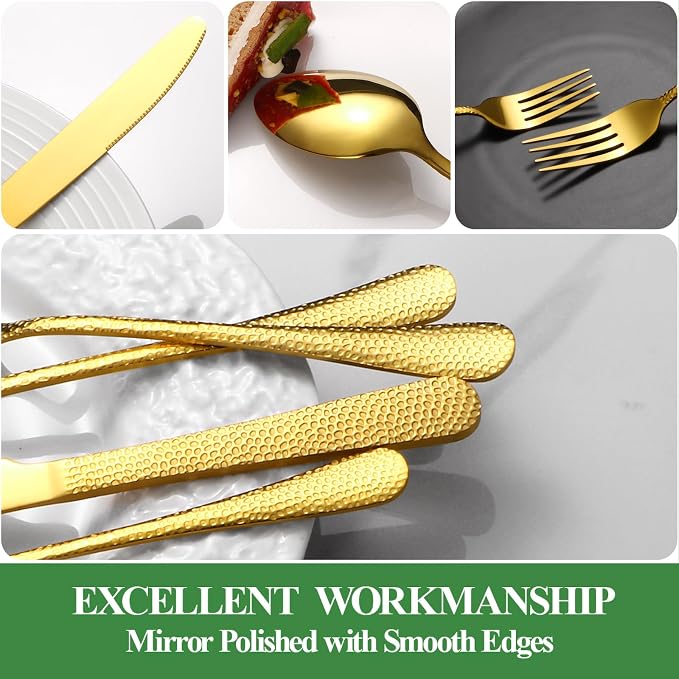 20 Pcs Gold Silverware Set for 4, Food Grade Stainless Steel Flatware Set, Eating Utensils Sets Include Fork/Knife/Spoon, Reusable Cutlery Set for Home Kitchen, Dishwasher Safe, Wave Hammered