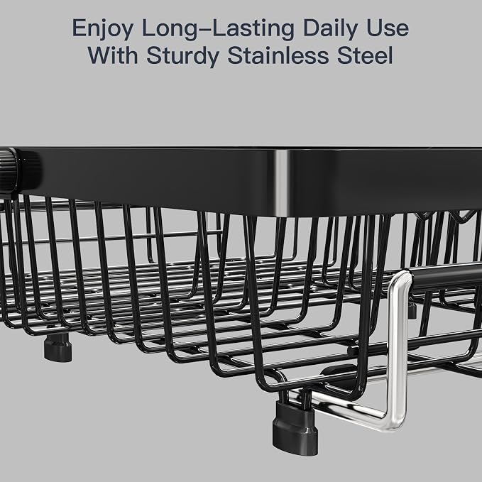 Dish Drying Rack Over The Sink with Utensil Holder, Mat | Expandable Stainless Steel Dish Drainer for Small Kitchen, Apartment, RV, Counter Space Saving, Perfect Fit, Rustproof