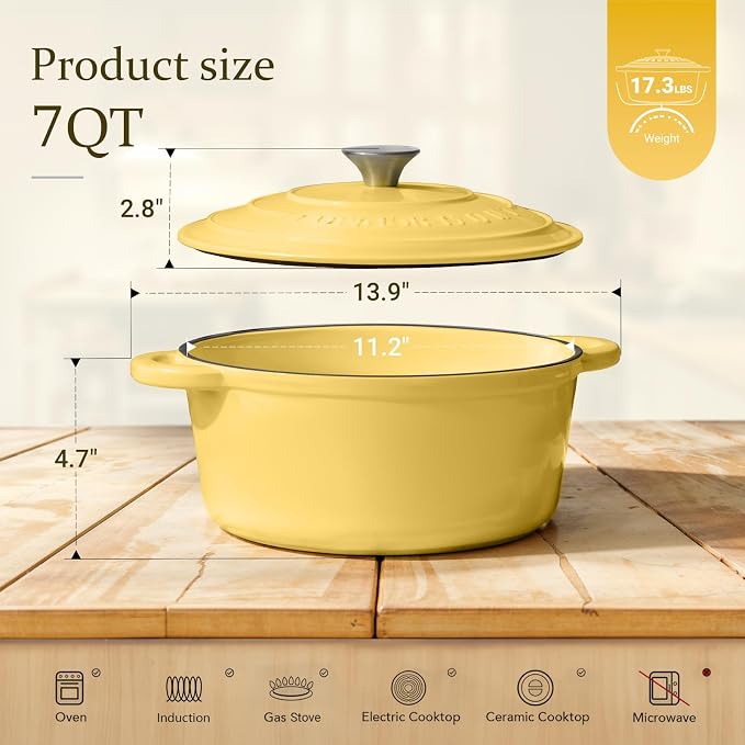 Overmont Enameled Cast Iron Dutch Oven - 7QT Pot with Lid Cookbook & Cotton Potholders - Heavy-Duty Cookware for Braising, Stews, Roasting, Bread Baking GooseYellow