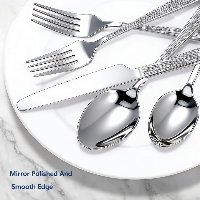 Yoehka 60Piece Hammered Silverware Set,Stainless Steel Flatware Set for 12 | Tree Pattern Handles, Mirror Polished Cutlery Set, Include Spoons/Forks/Knives, For Home, Restaurant, Hotel, Dishwasher Safe