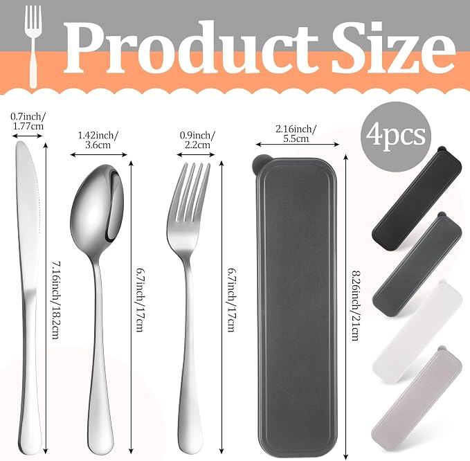 4 Pack Travel Silverware Set with Case for Lunch,Black | Reusable Utensils with Case, Portable Flatware, Camping Cutlery, Fork Spoon Knife, for Work School, Dishwasher Safe