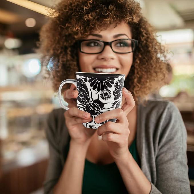 Karma Gifts 14 oz Black and White Boho Mug Bee - Cute Coffee and Tea Mug - Ceramic Coffee Mugs for Women and Men