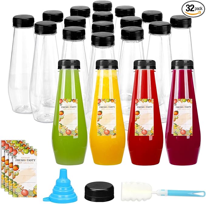 32pcs 12oz Cone Juice Bottles with Caps, Sticker Labels, Brush | Empty Plastic Juicing Bottles with Caps, Reusable Clear Bulk Beverage Containers for Juicing, Drinkings, Milkshake, Tea