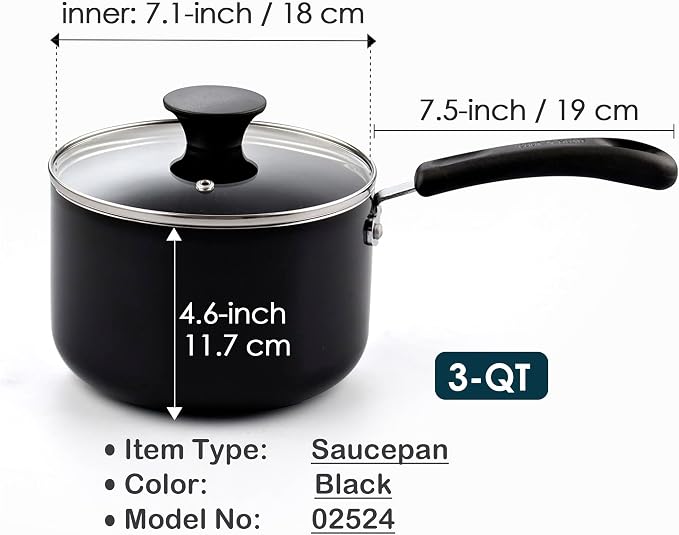 Cook N Home Basic 3 Quart Nonstick Saucepan with Glass Lid, Non Stick Aluminum Sauce Pan, Multi-Purpose Milk Chocolate Cooking Pot with Stay-Cool Handle, Black | Nonstick Aluminum Sauce Pan, Multi-Purpose Milk Chocolate Cooking Pot with Stay-Cool Handle