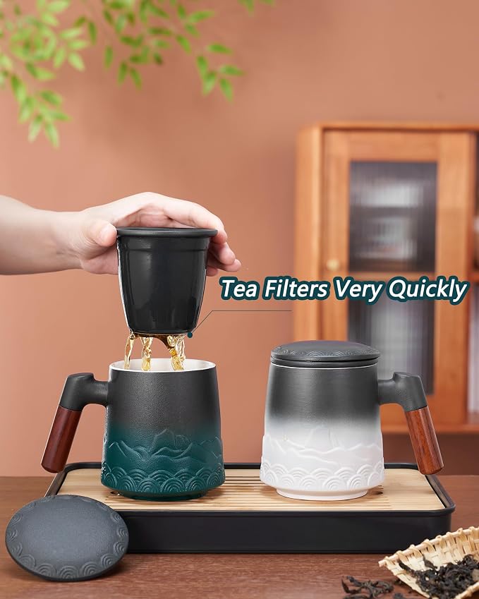 ZENS Tea Mug with Infuser and Lid for Loose Tea Steeper, 16.9oz Green | Embossed Ceramic Tea Cup with Infuser for Herbal Tea Difussers, Tea Lovers Gifts, Nature Wood Handle