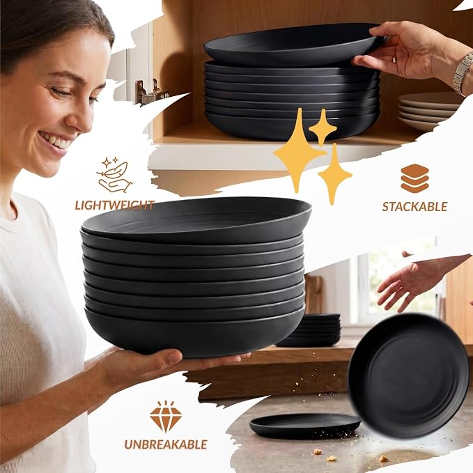 Wheat Straw Plates Set - 11 inch Reusable Large Dinner Plates Set of 8, Lightweight Unbreakable Salad Plates, Microwave and Dishwasher Safe Plates, Deep Plates for Dinner, Camping - Black