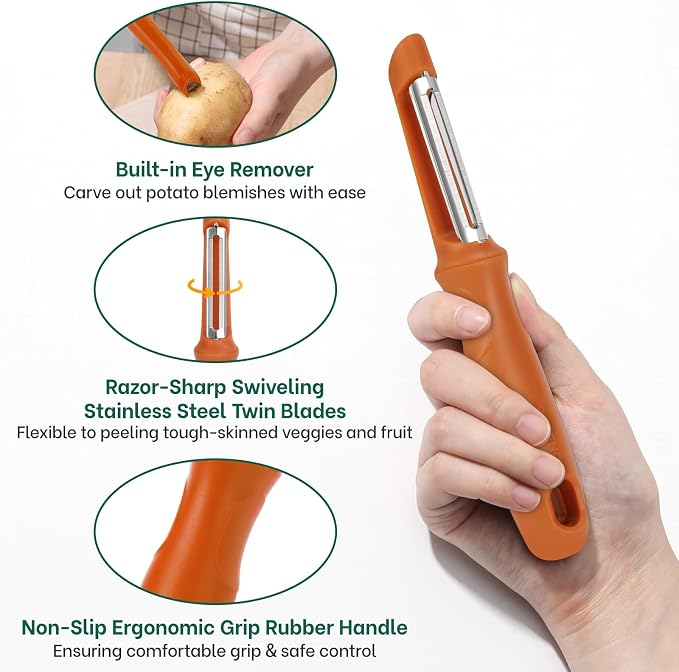 Beneno Swivel Vegetable Peeler, Smooth Peeling Potato Peeler, Orange | Razor-Sharp Stainless Steel Blade, Ergonomic Non-Slip Grip, Built-In Potato Eye Remover, Durable Design for Fruits & Veggies