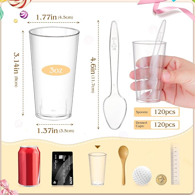 mwellewm 240 Pcs Dessert Cups with Spoons 120 Pcs 3 OZ Mini Clear Plastic Dessert Parfait Cup 120 Pcs Spoons for Party Small Round Serving Wine Shot Disposable Fruit Ice Cream Mousse Appetizer Bowl