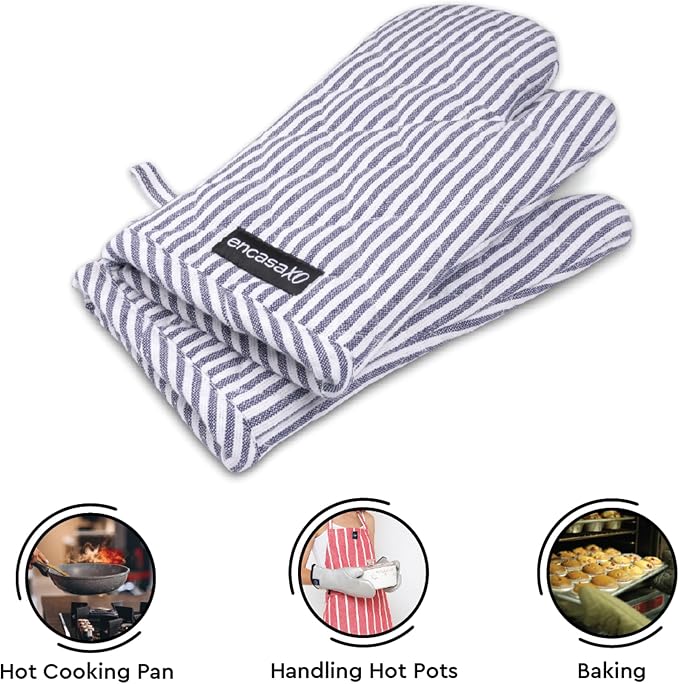 Encasa XO Oven Mitts, Heat Resistant Kitchen Gloves, Microwave | Ticking Navy Blue, 100% Cotton | Diamond Quilted Insulation | Pot Holders | Hanging Loop | Barbecue & Grill | Set of 2