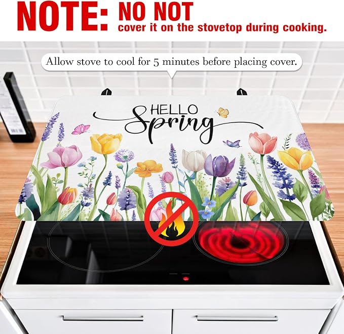 Spring Summer Glass Stove Top Covers for Electric Stove,Tulip Lavender Flower Floral Farmhouse Heat Resistant Cooktop Protector Non-Slip Washable Dish Drying Mat Rug Pad for Kitchen Decor 28"x20"