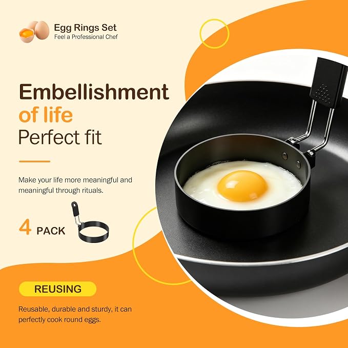NileHome 3.5" Nonstick Egg Rings Set of 4,Black | BPA-free,Dishwasher safe,Foldable Handle,Perfect Food Shaping,Ideal for Making Hamburgers, Fried Eggs, English Muffins