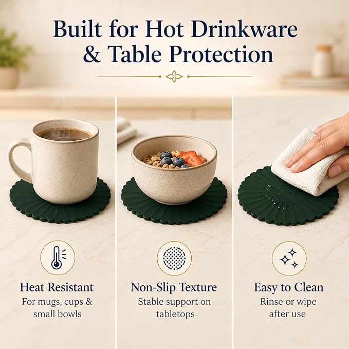 Heat-Resistant Silicone Trivet Mats, Non-Slip Hot Plate Holder for Kitchen Countertops & Dining Table, Reusable Pot Holder Pad with Secure Grip, Dishwasher Safe (Green, Diameter: 18cm/7.09")