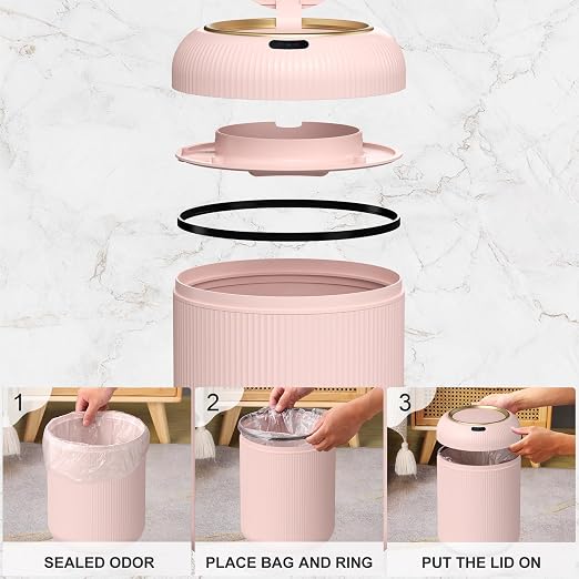Small Pink Trash Can Bathroom,Motion Sensor Garbage Can Automatic | Touchless Sensor Trash bin with Lid,3 Gallon Auto Bedroom Garbage Bin,Nice Diaper Plastic Waste basket, Boho Bathroom Decor
