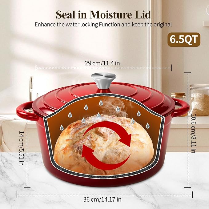 Enameled Cast Iron Dutch Oven pot 6.5 QT with Lid for Bread Baking | Cookware incl. Sourdough Bread-Baking Supplies like Banneton, Dough Whisk, Gloves, Oven Safe for Stews, Roasting, Cherry Red