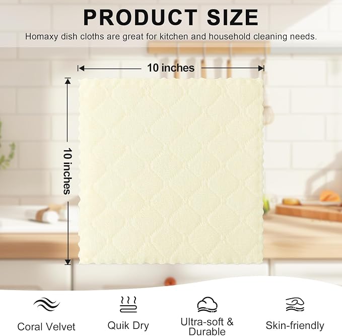 Homaxy 12 Pack Super Soft & Absorbent Dish Cloths, 10" x 10", Cream Yellow | Coral Velvet, Nonstick Oil Fast Drying Microfiber Cleaning Cloth, No Lint Household Dishcloths
