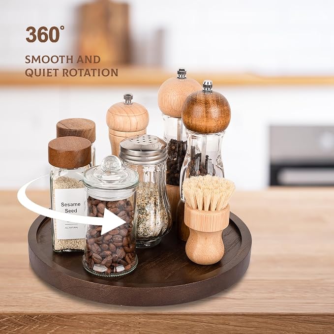 Wood Lazy Susan Organizer Kitchen Turntable for Cabinet Farmhouse Bathroom Decor Round Decorative Tray for Vanity, Counter, Sink, Coffee Table, 11 Inch, Walnut | Waterpoof, Easy clean, Non-slip, Rotating Wooden Decorative Pantry Table Tray for Seasonin...