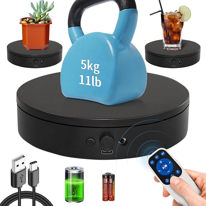 Motorized Rotating Display Stand with Remote, 5.91in 360 Electric Turntable for Display,Photography,3D Scanner Models, Motorized Lazy Susan and Photography Turntable Control Angle/Speed,Step/Swing/Continuous Rotation
