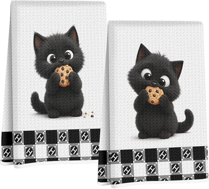 Jztco 2 Pcs Cute Cat Kitchen Towels, Cat Gifts Reusable Hand Towels-1 | Cat Dish Cloths for Drying Dishes, Cats Waffle Dish Towels for Kitchen Bathroom Decor, Cat Lover Gifts for Women Grandma Mom