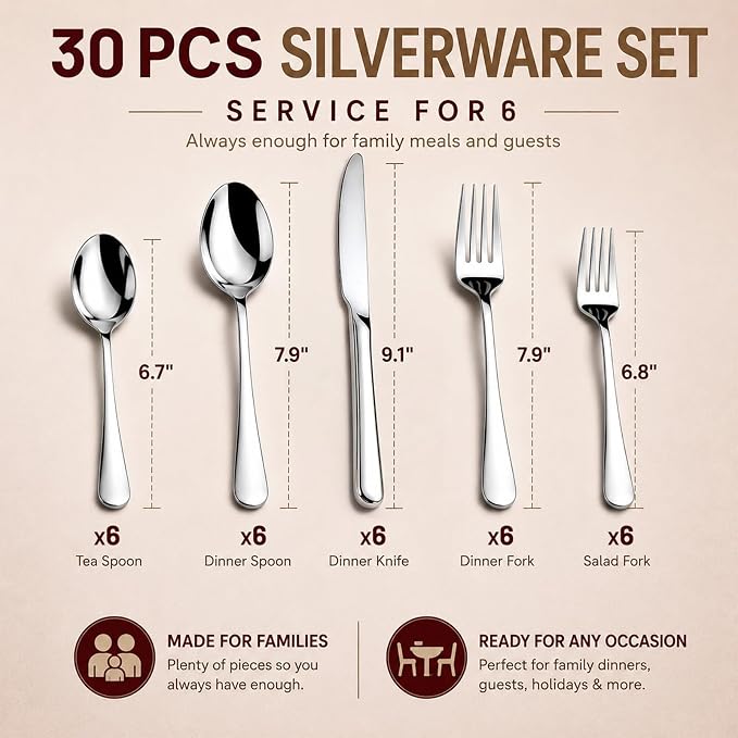 30 Pcs Silverware Set for 6, Stainless Steel Flatware Utensils Cutlery Set | Rust-Proof, Heavy Duty, Mirror Polished Knives Forks and Spoons Set, Dishwasher Safe for Kitchen Dining, Wedding Housewarming