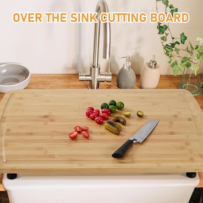 30" X 20" Bamboo Noodle Board Stove Cover: Removable Legs, Multi-Functional Countertop Cutting Board - Thickened Stovetop Cover for Electric/Gas Stoves, RV & Sink (Deep Grooves, Non-Slip)