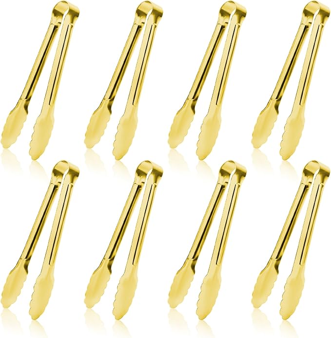 8PCS Gold Metal Tongs, 9" Stainless Steel Serving Tongs, Small Kitchen Accessories for Appetizer, Ice, Sugar Cube, Salad, Toaster, Desserts (Gold, 9 INCH)