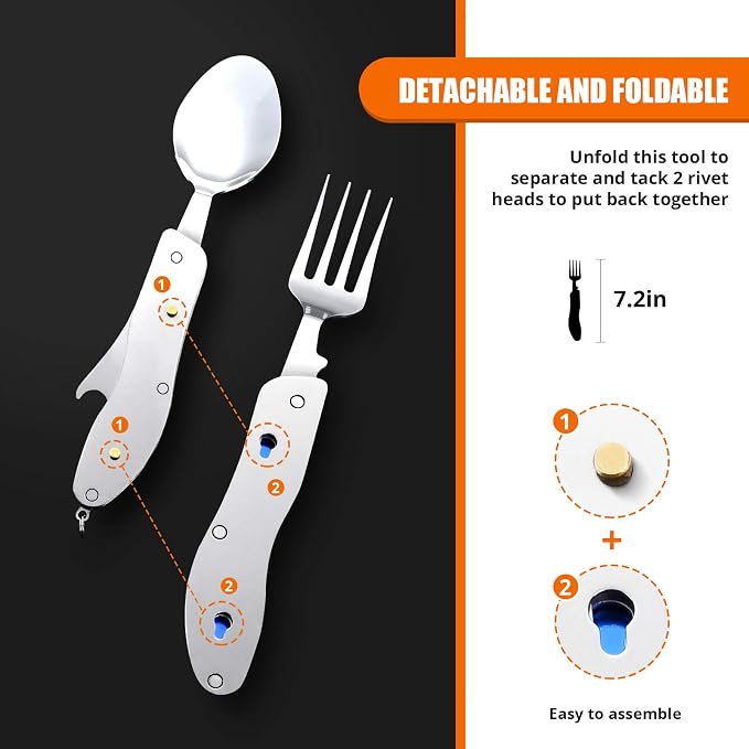 HIKENTURE Camping Utensils 2 Pack,4-in-1 Stainless Steel Spoon, Fork, Knife, and Bottle Opener Combo - Lightweight and Portable Travel Eating Silverware for Hiking, Backpacking, Boy Scout(Blue 2pack)