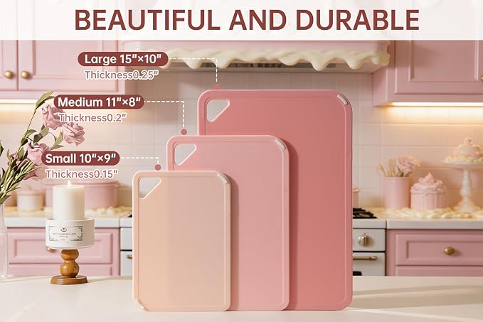 Plastic Cutting Board Set of 3, Pink Cutting Board for Kitchen | Non-Slip with Grip Handle, Chopping Board for Cooking, Bpa Free, Dishwasher Safe, Reversible, Cute Pink kitchen Accessories
