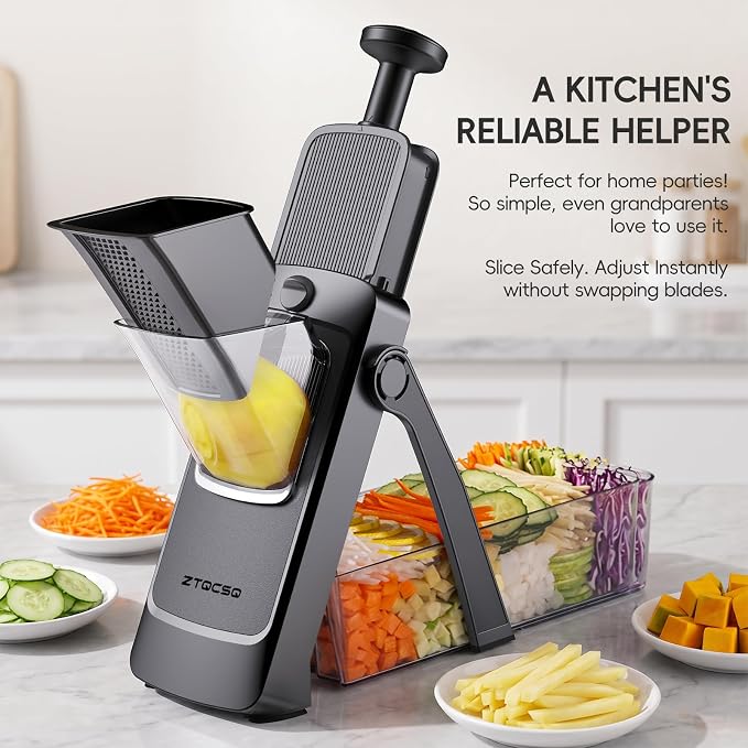 Safe Mandoline Slicer for Kitchen, Vegetable & Food Cutter, Easy to Clean | Safe Mandoline Slicer for Kitchen, Rapid Prep Veggie Slicer Cutter/Onion Slicer, Free Grater/Cleaning Brush (Black)