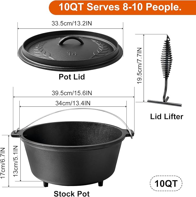 Pre-Seasoned 10QT Large Cast Iron Camping Dutch Oven Pot with Lid | Heavy- Duty Camping Cookware incl. Lid Lifter - Dual Handles - for Outdoor Campfire, Grill, Oven & Stovetop Cooking Black