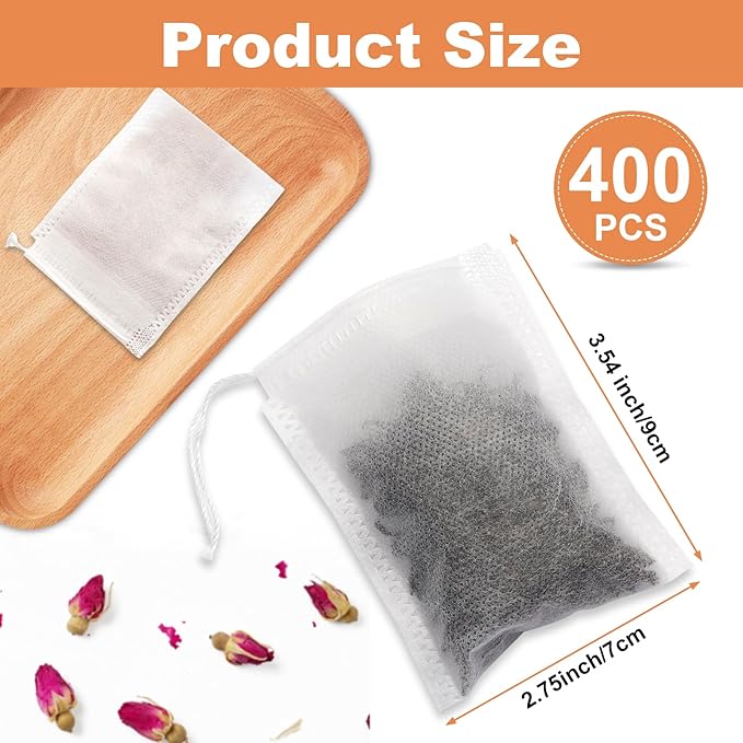 400 PCS Tea Bags for Loose Leaf Tea, Empty Disposable Filter Bags | 3.54"x2.75" disposable drawstring tea filters, food grade material for loose tea, coffee, spices, cooking seasoning and DIY
