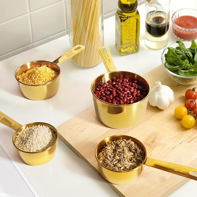 13pcs Gold Stainless Steel Measuring Cups and Spoons Set, 8 Double-Sided Magnetic Measuring Spoons Set & 4 Metal Measuring Cups & 1 Leveler for Kitchen Dry & Liquid Cooking Baking