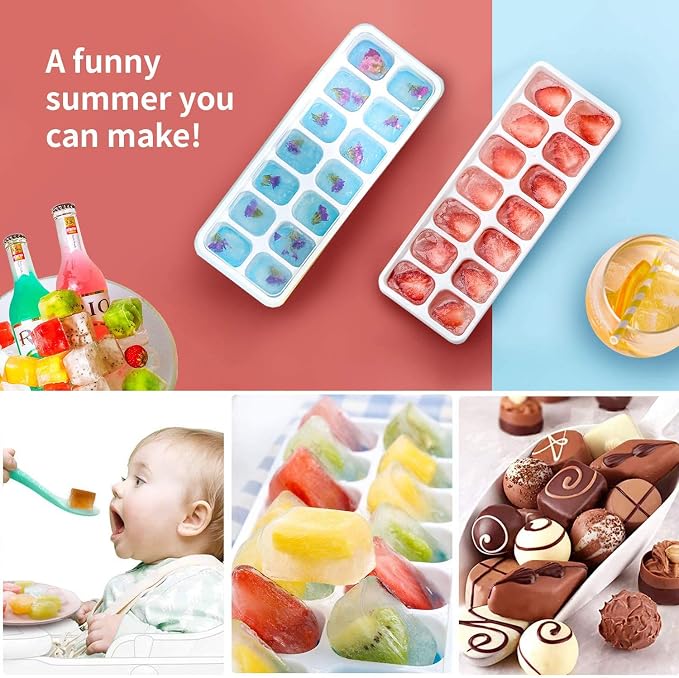 Ice Cube Trays 4 Pack, Airabc Silicone with Removable Lid, Easy-Release Flexible 14-cube Trays, LFGB Certified and BPA Free, Stackable Covers for Cocktail, Freezer | Space-saving and stackable, LFGB certified and BPA free, easy to remove