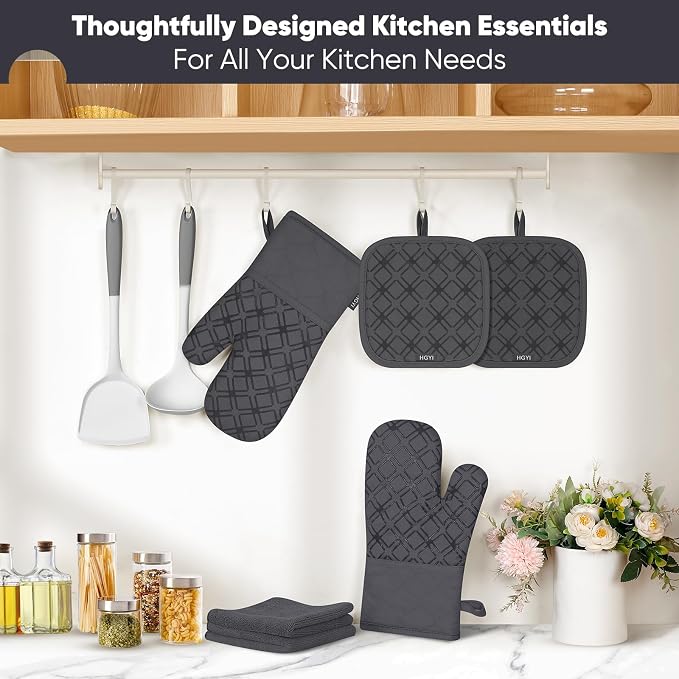Oven Mitts and Pot Holders Set with Dishcloths, 500 Degree Heat Resistant Oven Gloves and Hot Pads, Premium Soft Cotton Kitchen Mittens and Dish Cloth Sets-Deep Grey