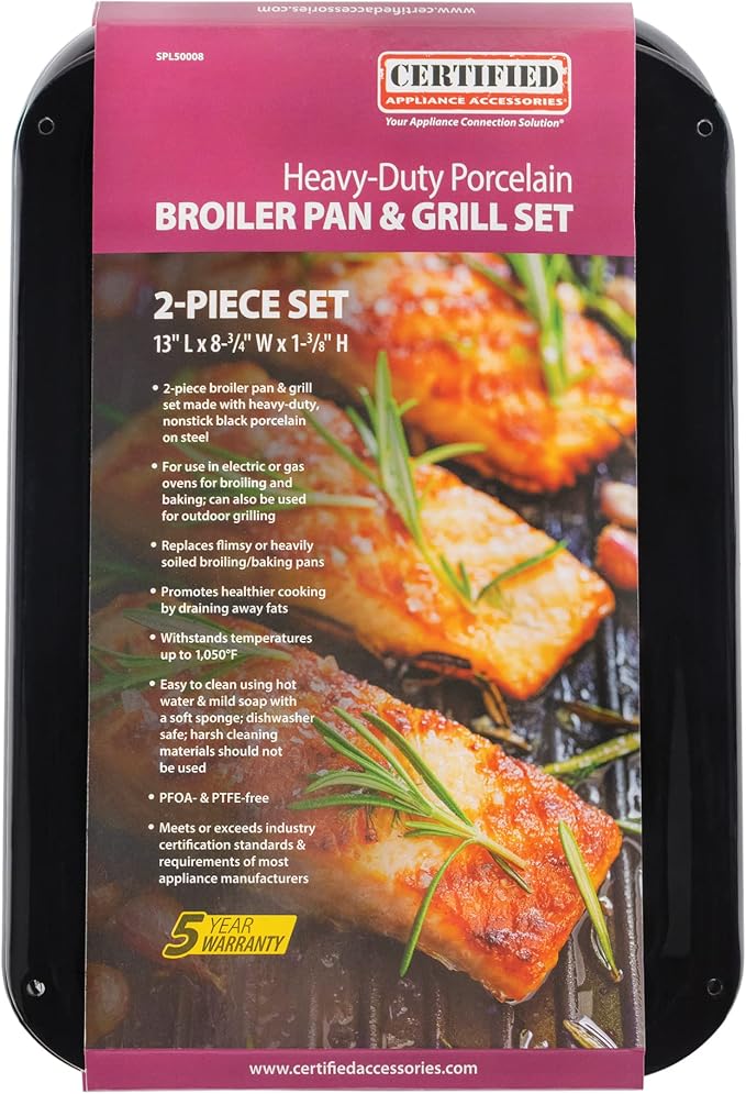 Certified Appliance Accessories Small 2-Piece Broiler Pan & Grill Set Porcelain-on-Steel 13"x8-3/4"x1-3/8" Broiler Pan for Oven, Black Whirlpool 4396923, Maytag, Kitchen-Aid replacement