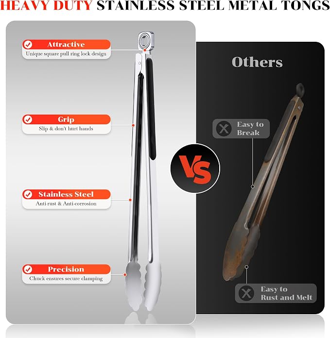 17" Extra Long Metal Tongs,Grilling Tongs,Stainless Steel Tongs for Cooking | Heat Resistant Heavy Duty Grill Tongs BBQ Tongs for Cooking, Grilling, BBQ/Barbecue, Food (17 inch)