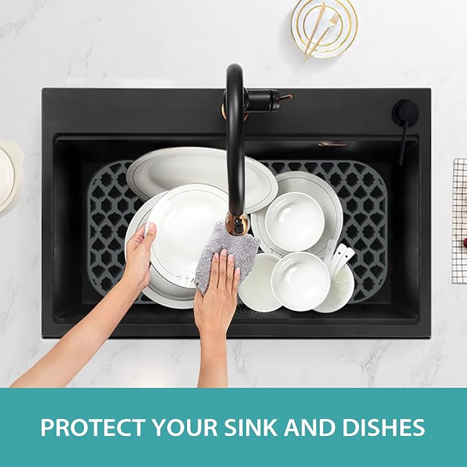 Silicone Kitchen Sink Protectors Mats - 12" 13" 14" 16" 18" 19" 21" 22" 24" 25" 26" 28" 30", Heat Resistant, Machine-wash (26”x14”, Center Drain)