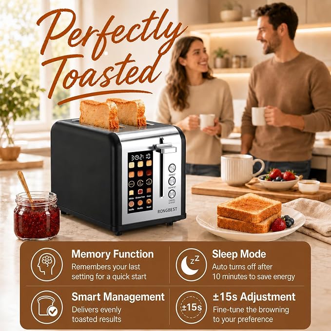 2 Slice Touch Screen Toaster Stainless Steel with Wide Slots for Family Breakfast, Even Toasting for Bagels & Bread, Defrost & Reheat, Easy Removable Crumb Tray, Matt Black