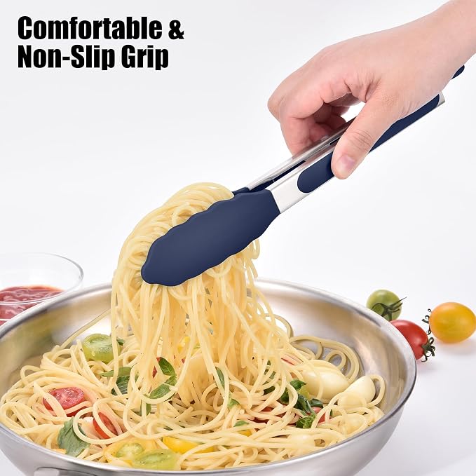 Doosu Kitchen Tongs with Silicone Tips for Cooking Serving (9in, Navy Blue) | 600°F Heat Resistant Food Tong, Heavy Duty Stainless Steel Locking Tong for BBQ, Grilling Steak, Salad, Toast, Pasta