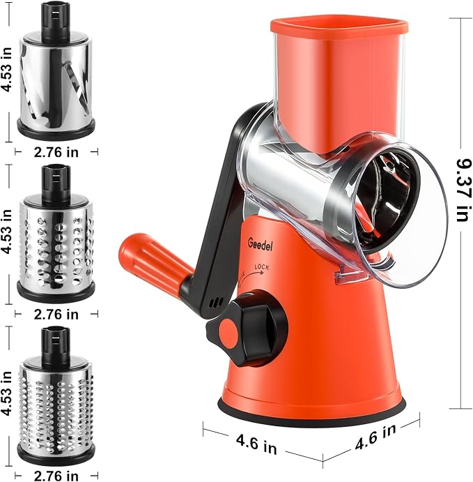 Geedel Rotary Cheese Grater, Kitchen Mandoline Vegetable Slicer with 3 Interchangeable Blades, Easy to Clean Rotary Grater Slicer for Fruit, Vegetables, Nuts | 3 Blades, 430 Stainless Steel, 12x Fast Cutting, Strong Suction Base, No BPA, Dishwasher Saf...