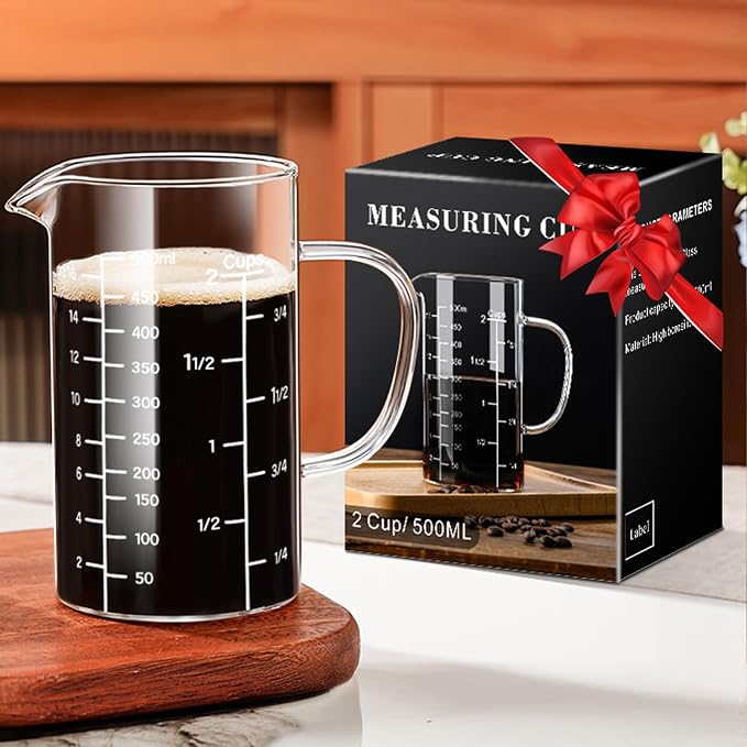 PARACITY 2 Cup Glass Measuring Cup, Liquid Measuring Cups with three Scale and V-Shaped Mouth, Glass Coffee Cups with Handle, Glass Beaker for Kitchen or Restaurant 500 ML | Coffee measuring cup and glass beaker with spout and handle; 3 scales availabl...