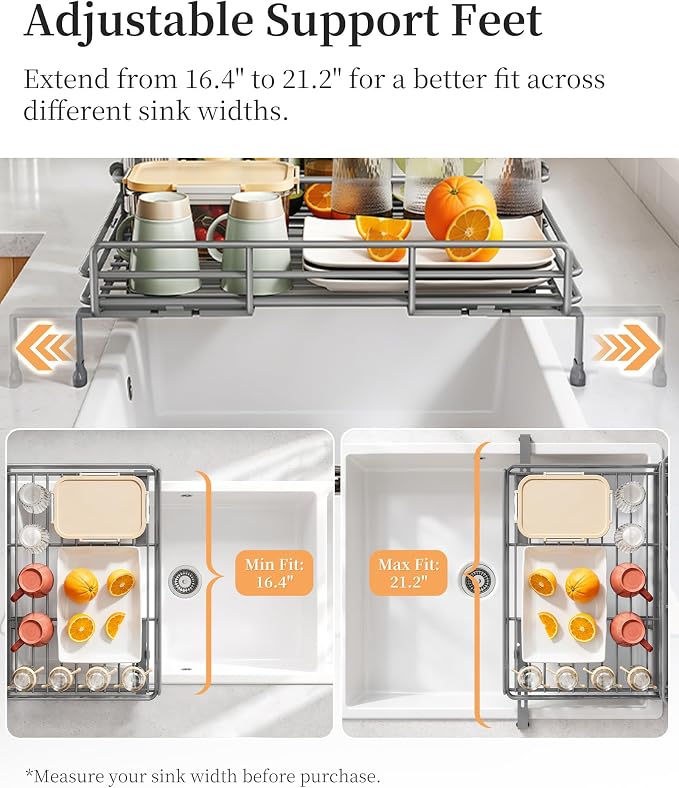 SAYZH Expandable Dish Drying Rack for Kitchen Counter, Metal, Grey | Foldable Over Sink, Large Capacity, Rust-Resistant, Adjustable for Most Sinks, Automatic Drainage, Removable Utensil Holder