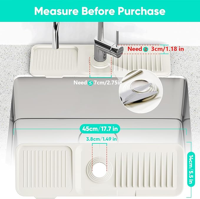 17.7inch Faucet Mat for Kitchen Sink [5°Slope Fast Self-draining] Faucet Mat Kitchen Sink Splash Guard Silicone Sink Splash Guard Kitchen Sink Area Tidy Splash Faucet Guard Draining Mat-Beige
