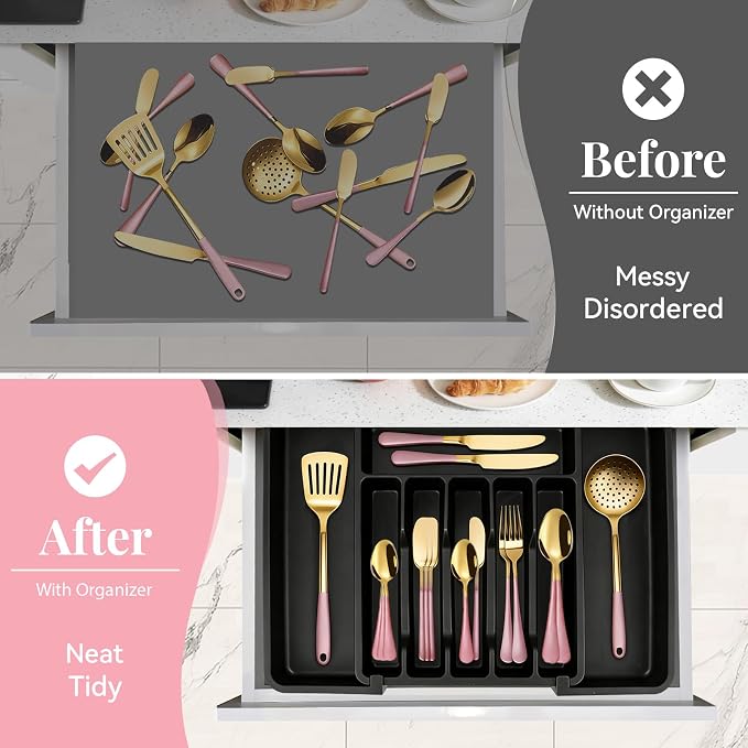 30 Pieces Silverware Set with Organizer, Stainless Steel Cutlery Set Flatware Set for 6 Person, Tableware Set Includes Dinner Knives Forks Spoons Teaspoons Butter Knives (Pink Gold-30PCS)