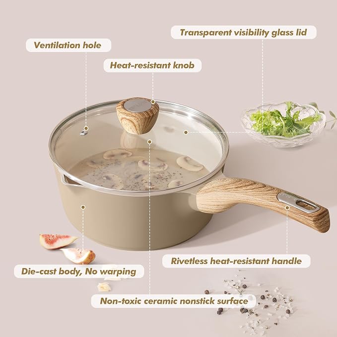 SENSARTE Ceramic Nonstick Sauce Pan with Lid, 2.0 Quart Small Saucepan, White Cooking Pot with Stay Cool Handle, Non toxic Kitchen Sauce Pot, Non stick Small Pot, Induction Pot, PFOA PTFE PFAS Free