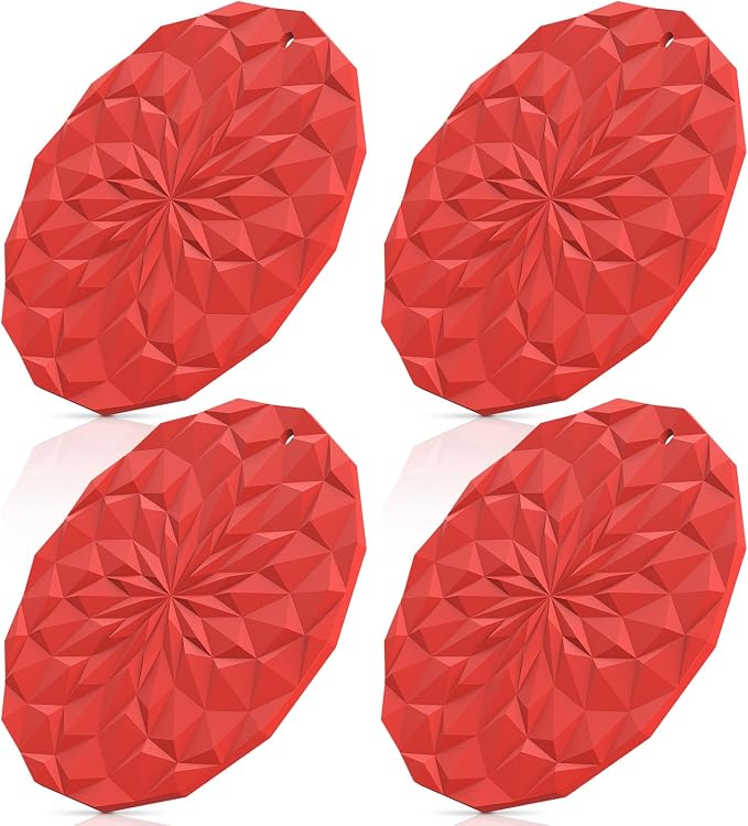 ME.FAN Silicone Trivet Mats - 4 Pack Pot Holders - 7.4'' Thickened Hot Pads for Hot pots, Pans and Dishes, Heat Resistant Silicone Trivet for Table and Counter Top Red